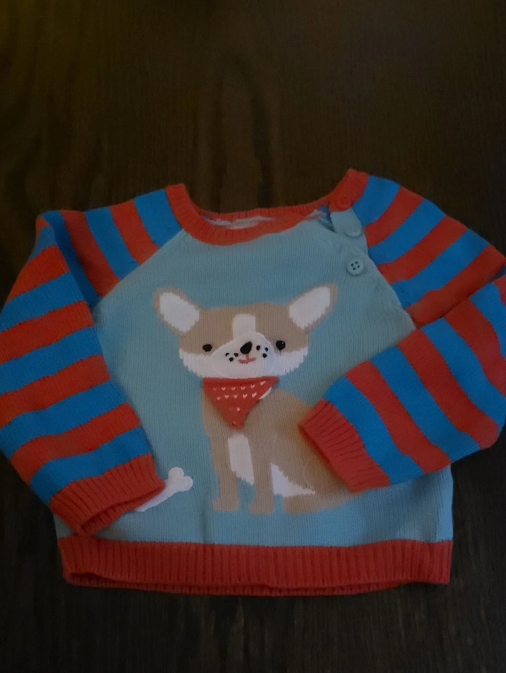 Kids Light Blue Dog Sweater with Red & Blue Striped Sleeves